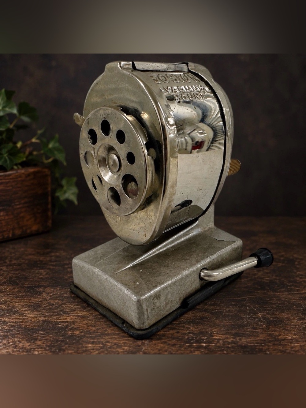 Vintage Boston Vacuum Mount Pencil Sharpener Hand Crank 8 Hole Industrial USA
